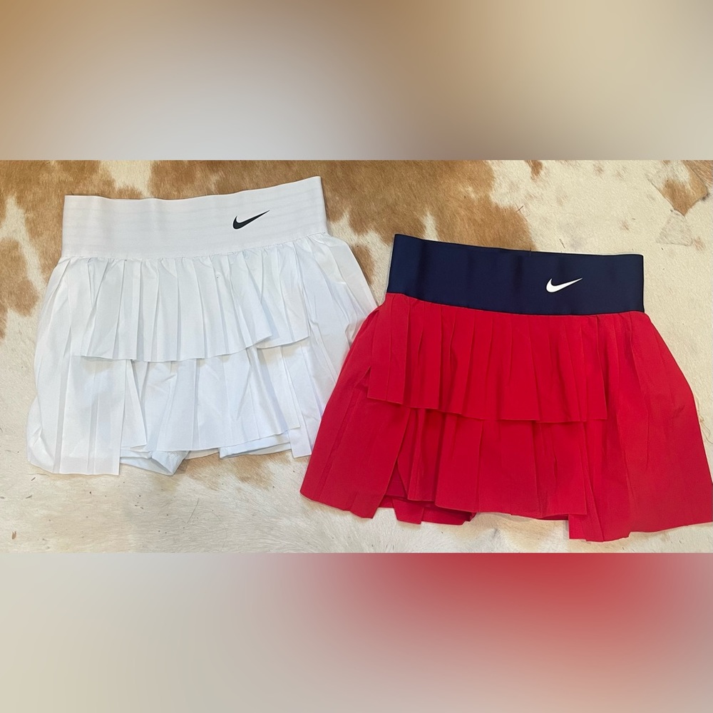 Two Nike Dri-fit Hi Low tennis skirts - red & white